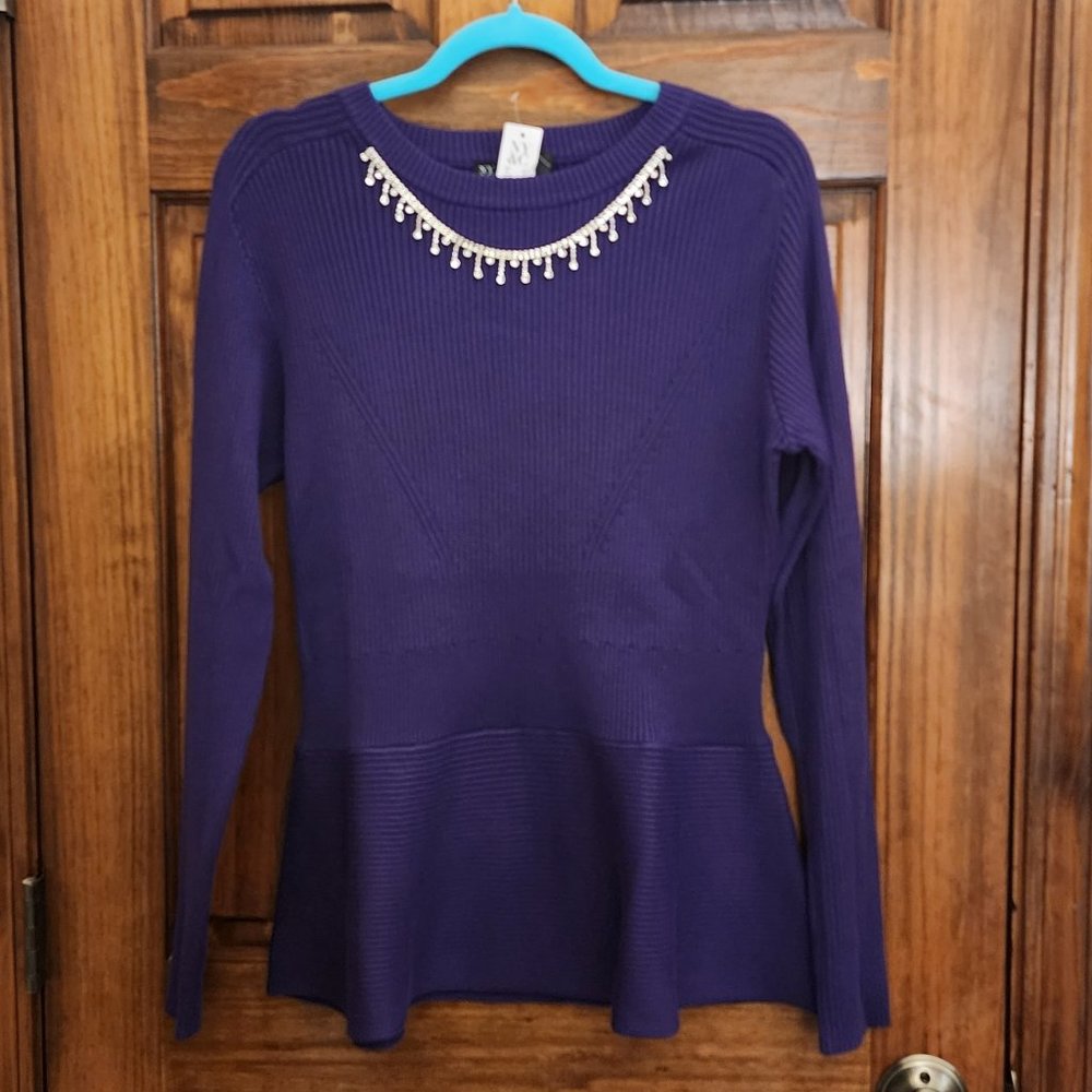 New York & Company Purple Rhinestone-Embellished Peplum Sweater